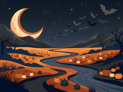 A spooky halloween landscape featuring a winding river through a pumpkin patch under a glowing crescent moon