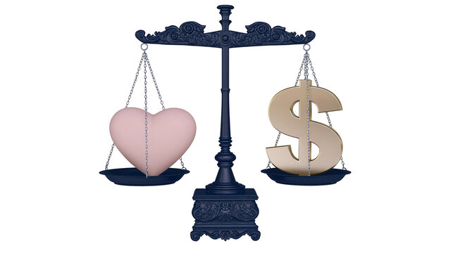Pink heart and golden dollar sign on a vintage dark blue balance scale
