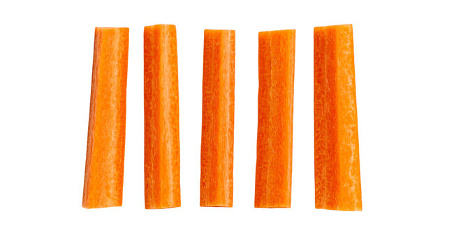 Five fresh raw orange carrot sticks arranged in a row