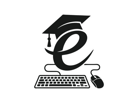 E-learning logo with graduation cap and computer keyboard, online education vector icon, digital school and distance learning symbol