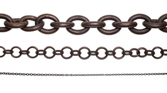 Three horizontal metal chains of varying link sizes and thicknesses
