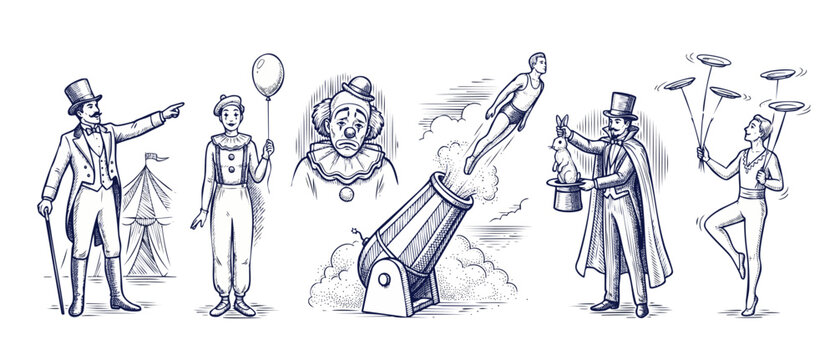 Circus performers vintage line art illustration set featuring ringmaster clown magician cannonball plate spinner performing carnival acts isolated on white background for retro poster design.