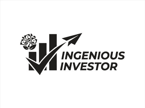 Ingenious Investor logo with financial growth bar chart and paper plane. Business investment icon with money tree and check mark. Black vector graphic.