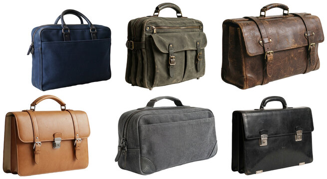 A collection of classic and modern briefcases in varied colors and materials, shown as blank business bag mockups on white.