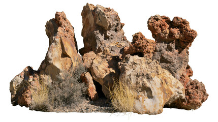 Rugged volcanic rock formation with dry desert grass and porous textured stones © Elvin