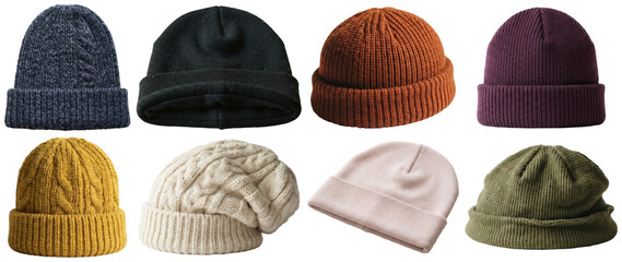 A set of assorted winter beanies in different knits, colors, and fits, shown as blank mockups on white. © A2026_XXX