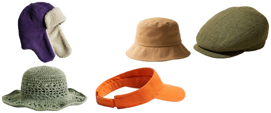 A collection of five assorted hats in different styles, colors, and seasons on a clean white background.