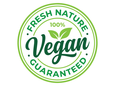 Vegan fresh nature guaranteed seal, green organic 100 percent plant based badge, eco friendly product label vector icon