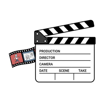Film clapperboard with movie film strip icon for cinema and video production projects