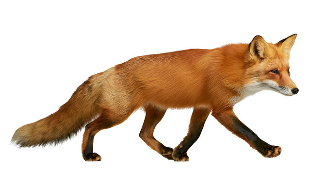Red fox walking with bushy tail and orange fur