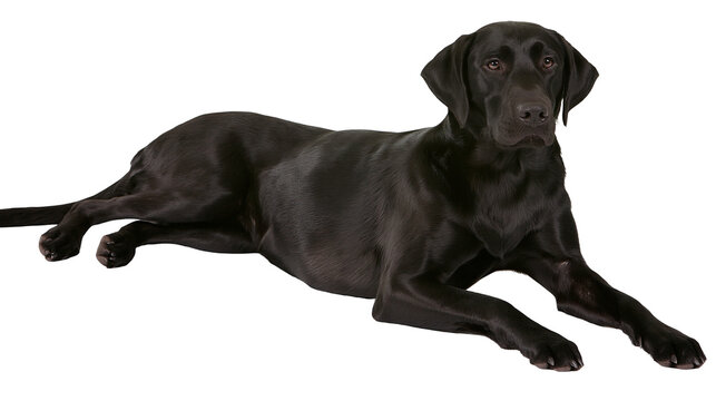 Black Labrador Retriever dog lying down looking forward