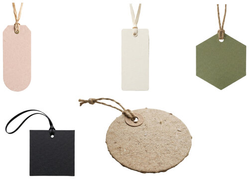 A set of assorted blank retail hang tags in different shapes, colors, and natural paper textures.