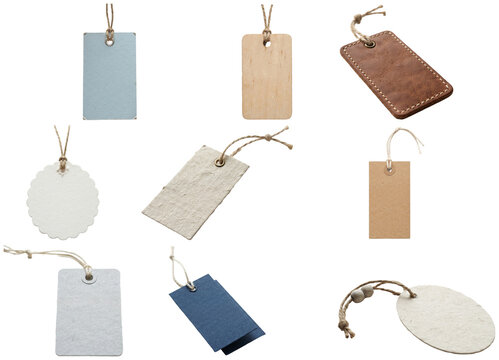 A collection of blank hang tag mockups in varied shapes and materials for retail and apparel presentation.