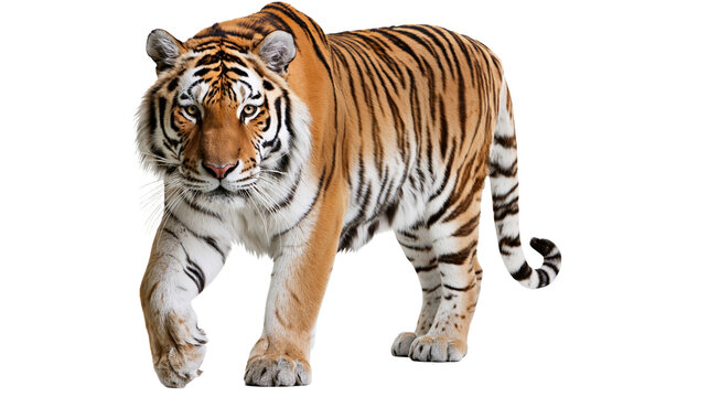 Majestic Bengal tiger walking forward with orange fur and black stripes