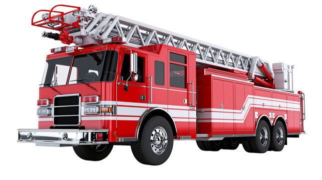 Red fire engine truck with extended aerial ladder and chrome bumper