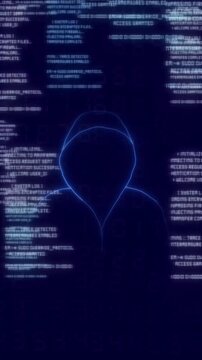 Anonymous hacker silhouette glows against an active blue data stream Cyber security threat detection monitors the hacker silhouette Digital crime investigation tracks the hacker silhouette