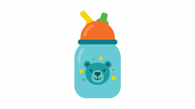 Cute blue baby sippy cup with orange lid and bear face design, flat cartoon style toddler drinking bottle isolated on white background
