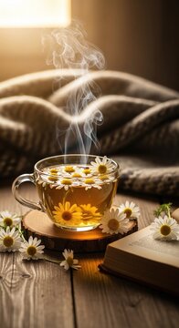 Cozy chamomile tea with book and blanket on wooden table.