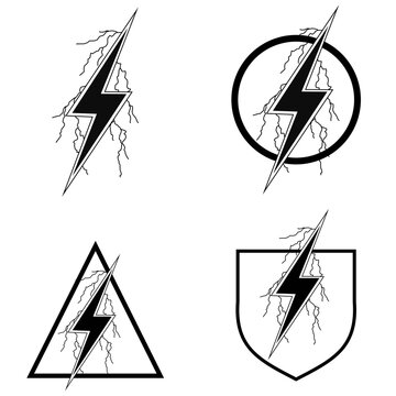 Set of 4 Cracked Lightning Bolt Logo Vector Thunder Icon Circle Triangle Shield