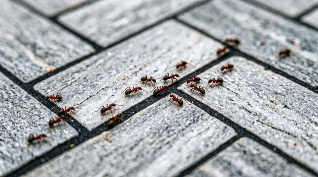 Small brown ants walking across a grey stone brick pavement in a straight line generated using ai