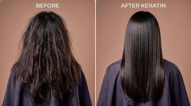 Woman's Hair Before After Keratin Treatment, Frizzy to Straight