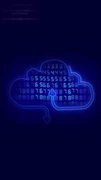 Glowing blue cloud icon displays scrolling numbers and download arrows Online data transfer streams directly to the blue cloud icon Secure server backup integrates with this blue cloud icon