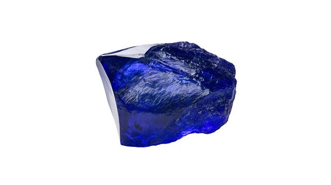 Deep blue raw tanzanite gemstone crystal with jagged edges and translucent texture