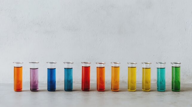 Colorful test tubes with assorted liquids.