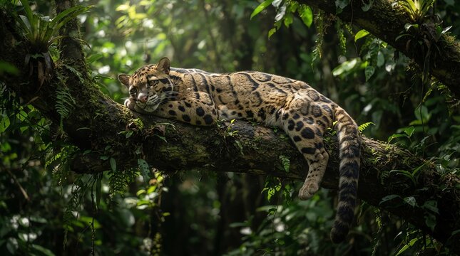 Clouded leopard resting on a tree branch in rainforest