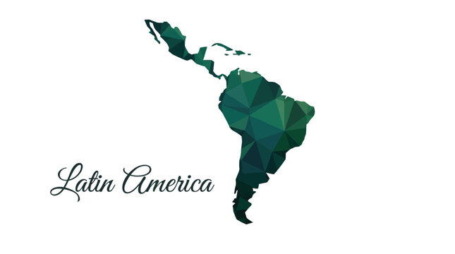 Latin America map rendered in a geometric low poly style with deep emerald green color gradients