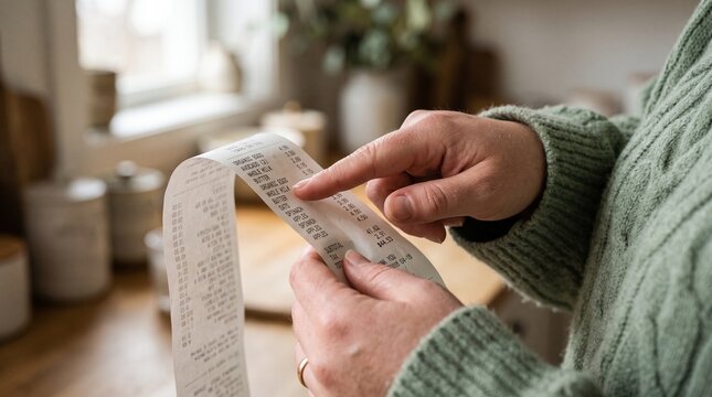 Senior woman in green sweater checking grocery receipt at home