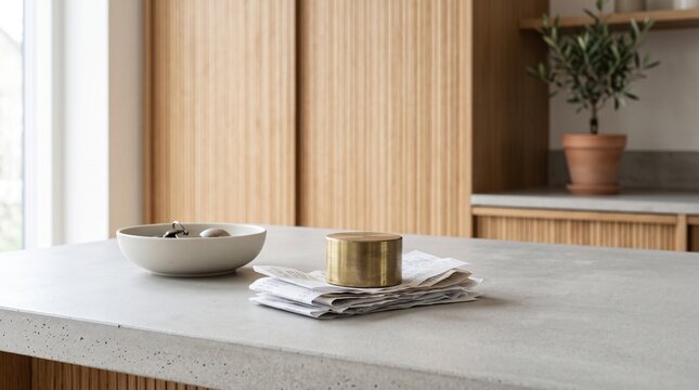 Modern kitchen island with concrete countertop and wooden cabinetry interior design
