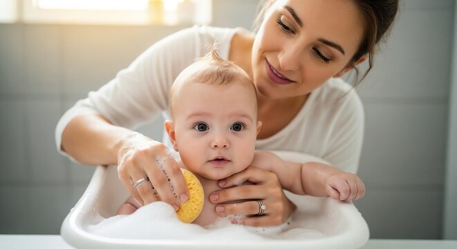 Baby bath time with mother gently washing infant using yellow sponge in tub filled with warm foam. Loving mother enjoys baby bath time in bathroom. Essential baby bath time concept for pediatric care.