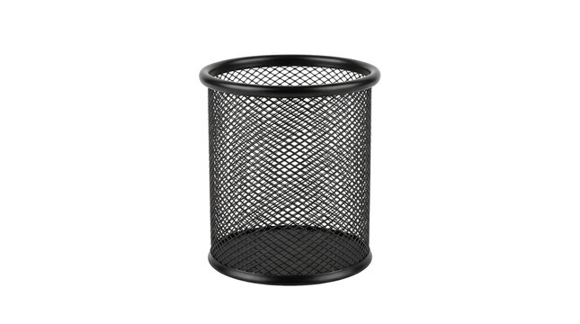 A professional black metal mesh pencil holder container for office supplies. Sleek, minimalist design isolated on a transparent background for easy editing and commercial use.