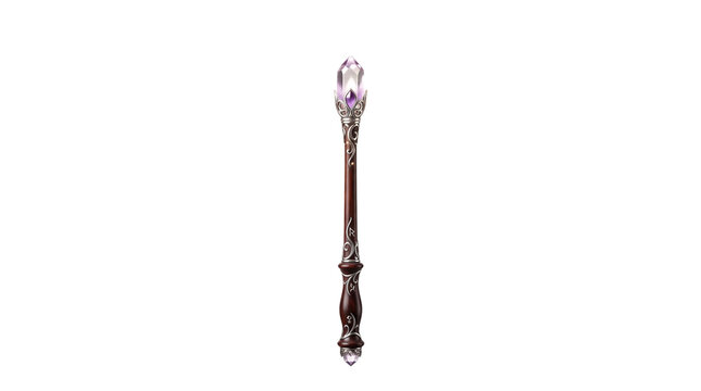 A mystical wizard staff featuring an ornate wooden handle, silver filigree, and a glowing purple crystal top. Perfect for fantasy RPG assets, magic themes, and gaming.