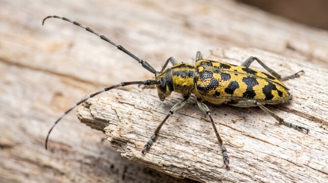 Close-up of a longhorn beetle with yellow and black markings on weathered wood.
