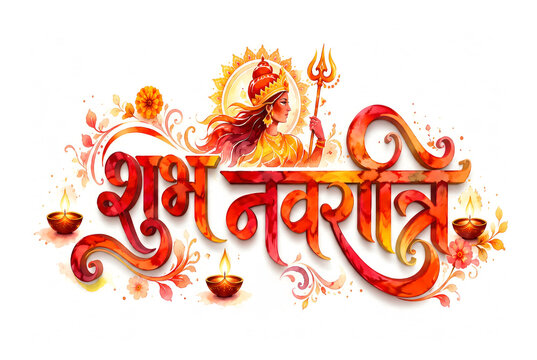 Shubh Navratri - 3D Hindi calligraphy typography with Goddess Durga face, holy trishul, and glowing diya isolated on white background.