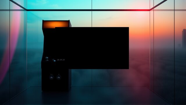 Modern audio equipment sits within glass enclosure. Dramatic lighting creates vibrant sky backdrop. Minimalist design emphasizes technology, sound.