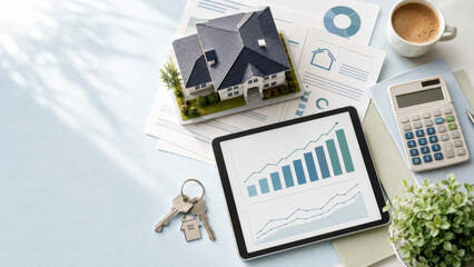 Mortgage rate trends with graphs, keys, house model on workspace background © dvoevnore