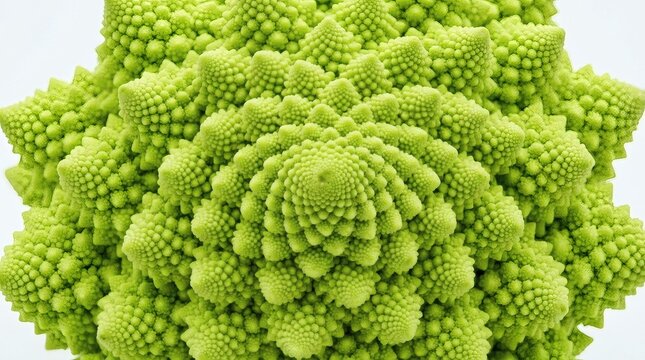 Extreme macro shot of green Romanesco broccoli cauliflower natural Fibonacci fractal spiral pattern.