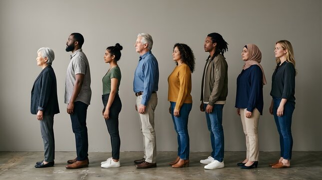 Diverse group of people standing in a line against a neutral studio background