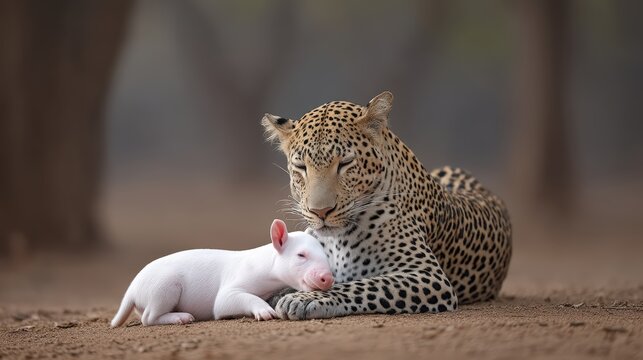 A beautiful leopard resting with a small white piglet in the wild