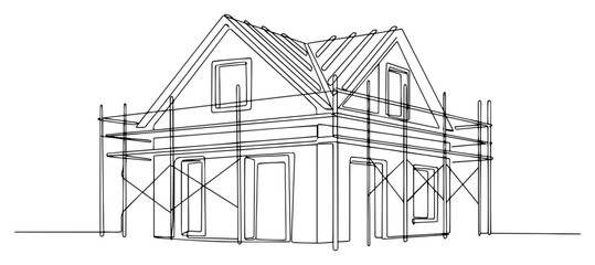 Naklejka premium House Under Construction with Scaffolding Continuous Line Art, Minimalist Building Process Vector for Architecture and Renovation Projects