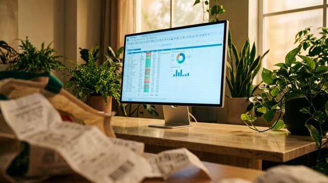 Computer monitor displaying financial spreadsheet data on desk with plants and receipts