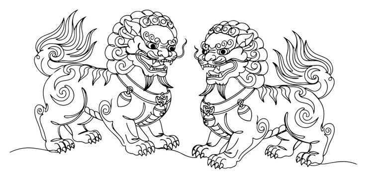 Chinese Guardian Lions Foo Dogs Continuous Line Art Illustration, Minimalist Asian Oriental Mythical Creature Vector for Decoration and Coloring Page