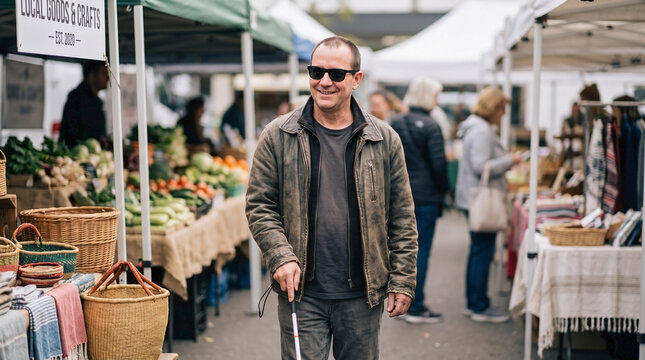 Blind man at market walking confidently. This blind man at market navigates bustling outdoor marketplace, using a white cane for independent mobility. Blind man at market represents accessibility.