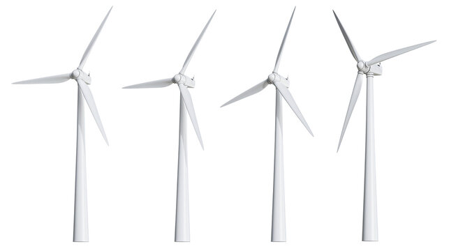 Four white industrial wind turbines with rotating blades for renewable energy