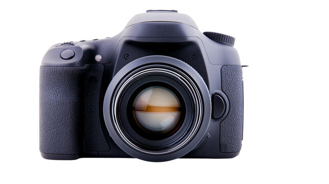 Black digital SLR camera with large lens and textured rubber grip