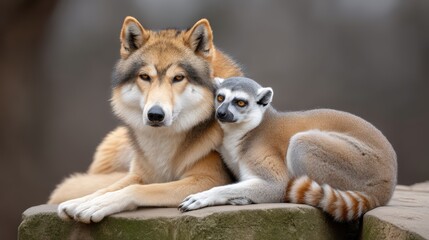 Fototapeta premium A wolf and a ring-tailed lemur resting together