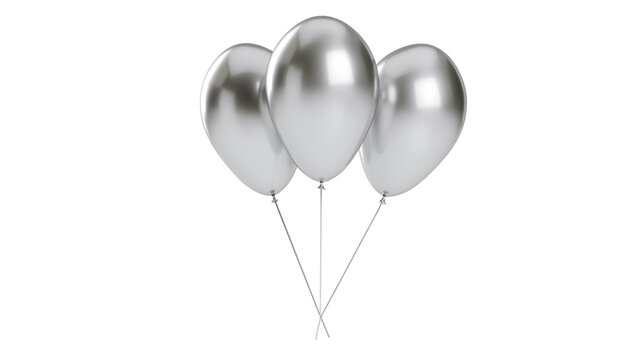 Three shiny metallic silver balloons with ribbons tied together